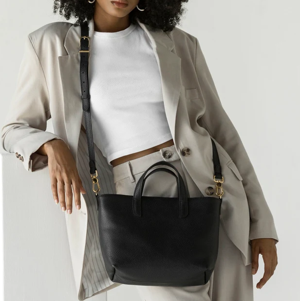 Black Grain Leather Multi-purpose Top Zip Tote Bag