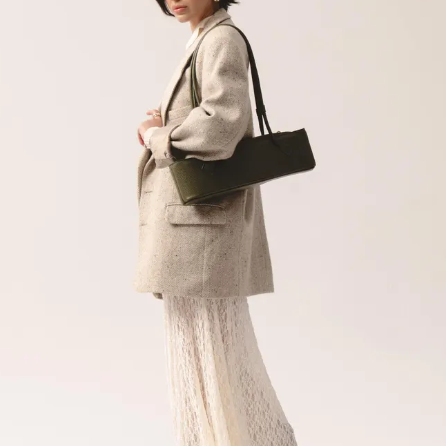 Olive Green Top Grain Leather Long Rectangular Shoulder Underarm Bag