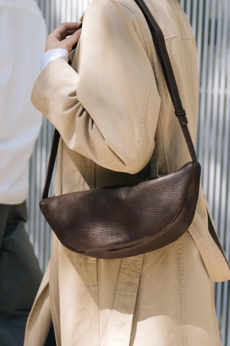 Dark Brown Pebbled Leather Crescent Crossbody Sling Bag