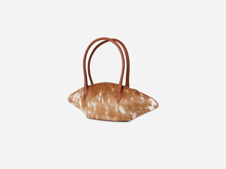 Brown White Cow Print Hair-On Leather Curved Shoulder Handbag