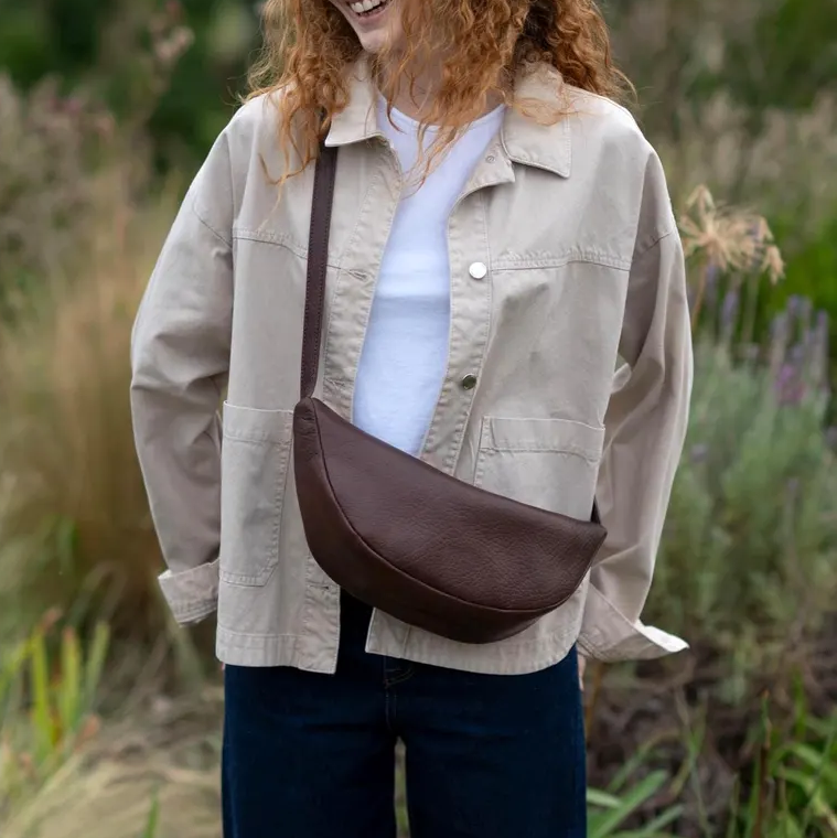 Dark Brown Pebbled Leather Crescent Crossbody Sling Bag