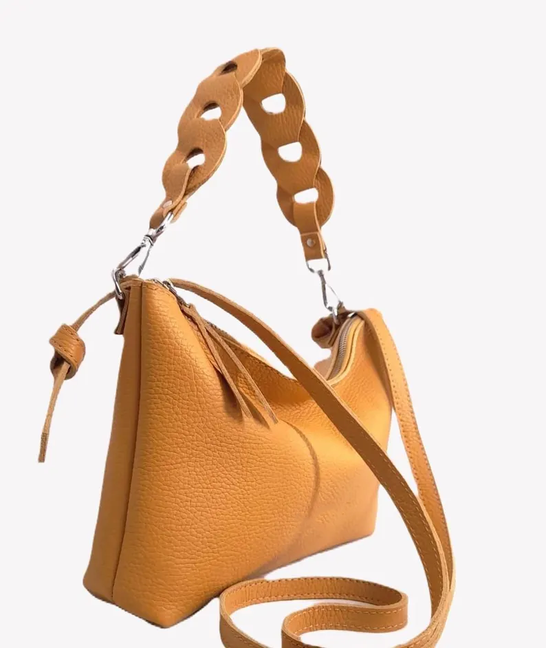 Cognac Pebbled Leather Dual Strap Crossbody Hobo Bag