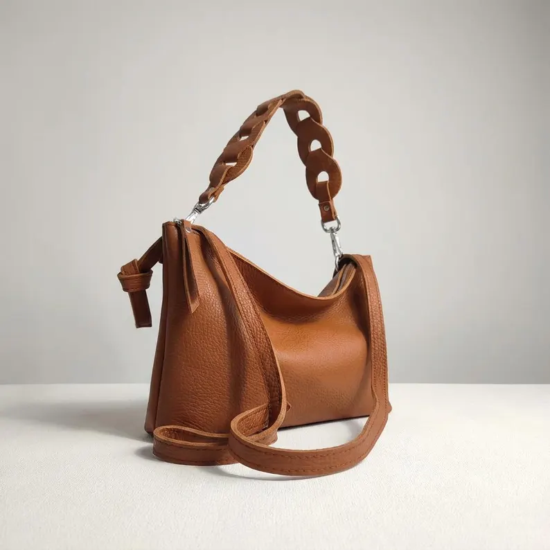 Cognac Pebbled Leather Dual Strap Crossbody Hobo Bag
