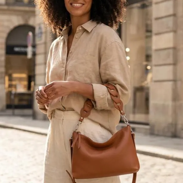 Cognac Pebbled Leather Dual Strap Crossbody Hobo Bag