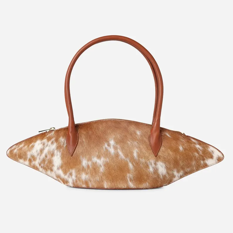 Brown White Cow Print Hair-On Leather Curved Shoulder Handbag