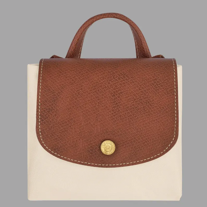 Beige Nylon Backpack with Brown Leather Flap Decoration