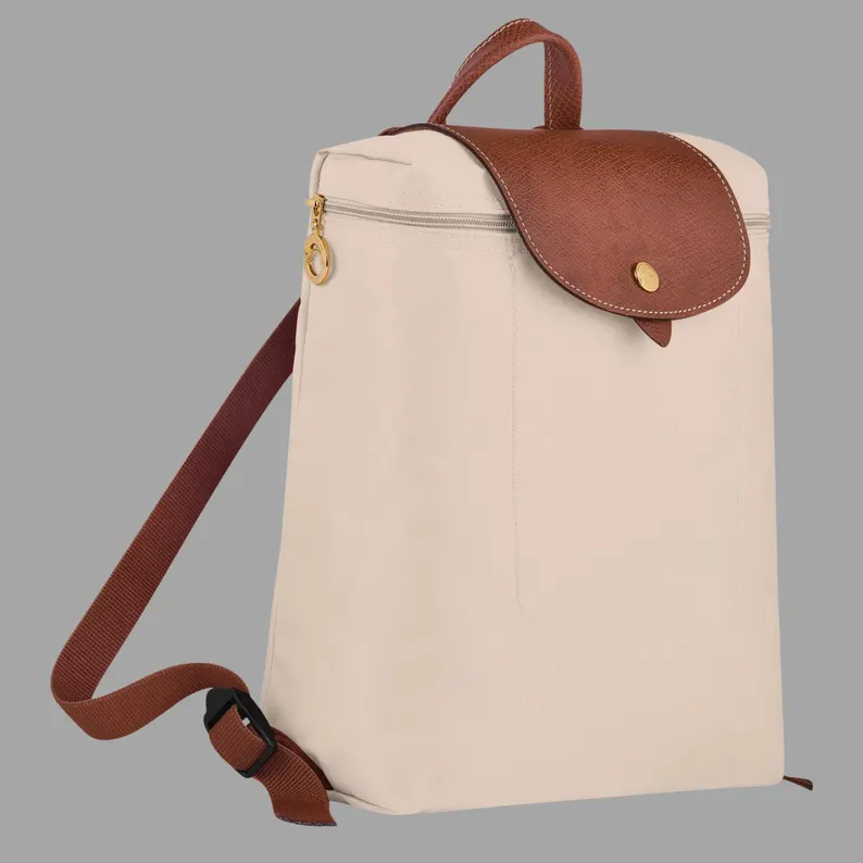 Beige Nylon Backpack with Brown Leather Flap Decoration