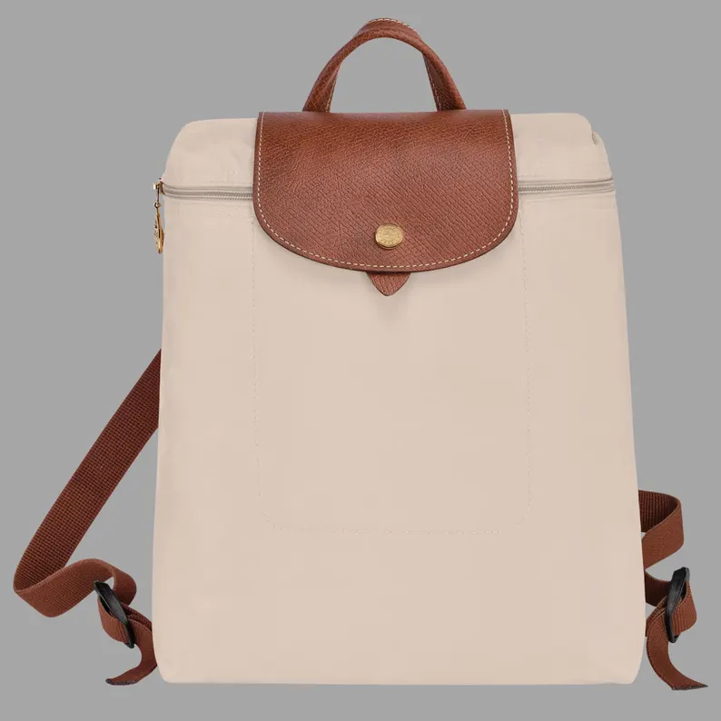 Beige Nylon Backpack with Brown Leather Flap Decoration