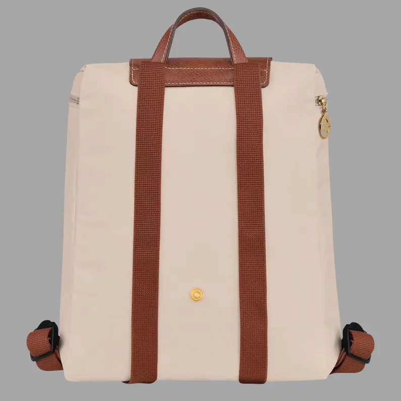 Beige Nylon Backpack with Brown Leather Flap Decoration
