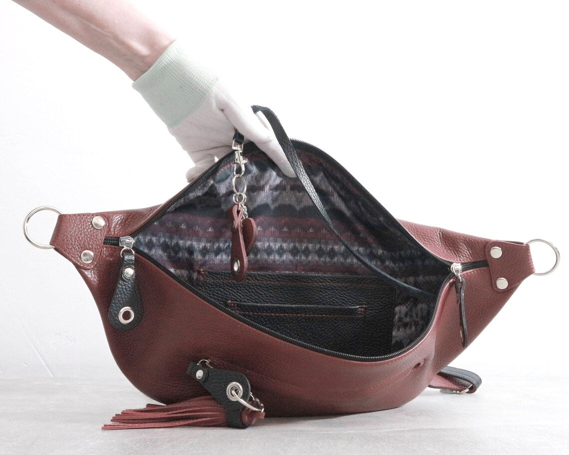 Burgundy Genuine Leather Large Sling Fanny Crossbody Pack