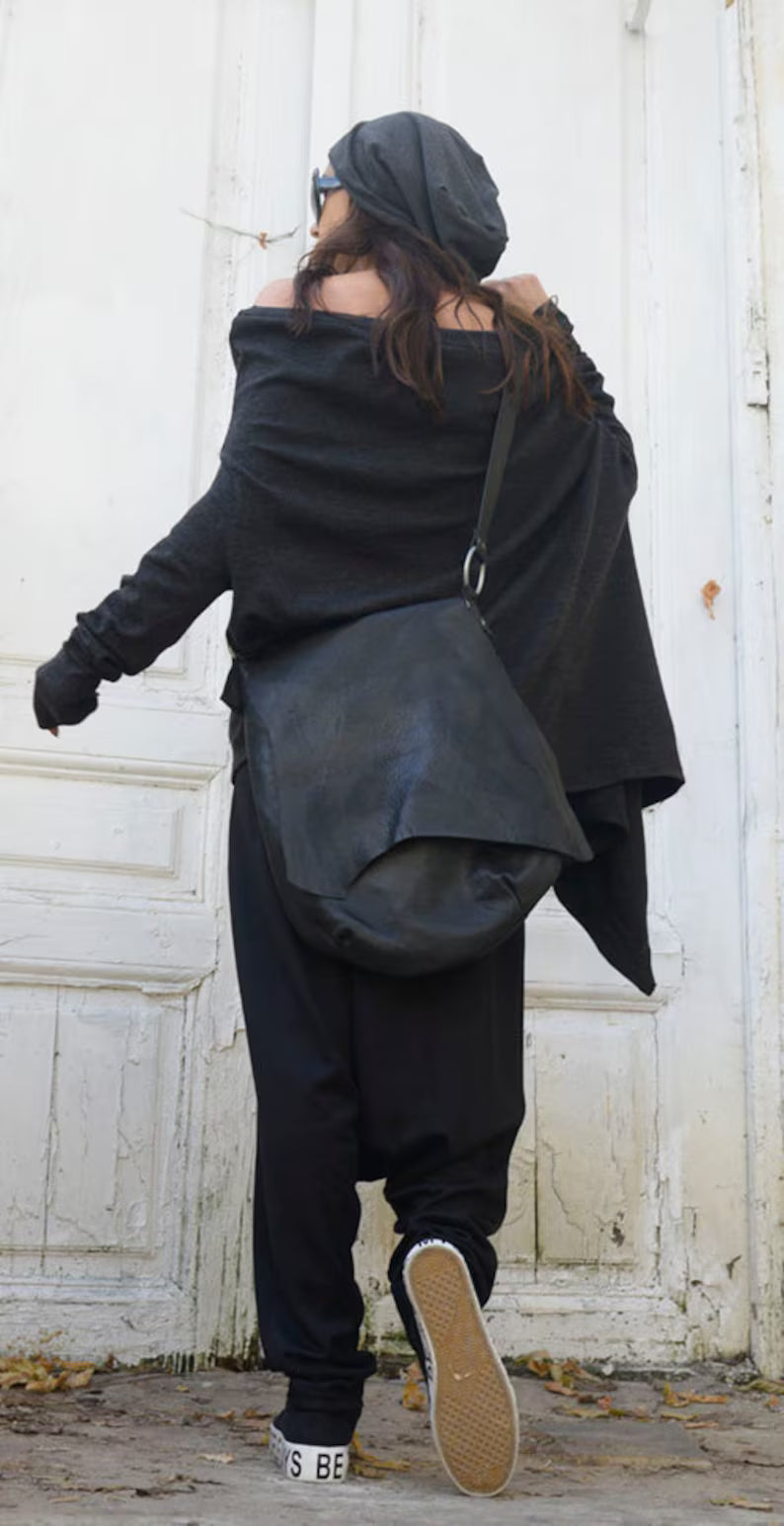 Black Soft Leather Flap Slouchy Crossbody Shoulder Bag