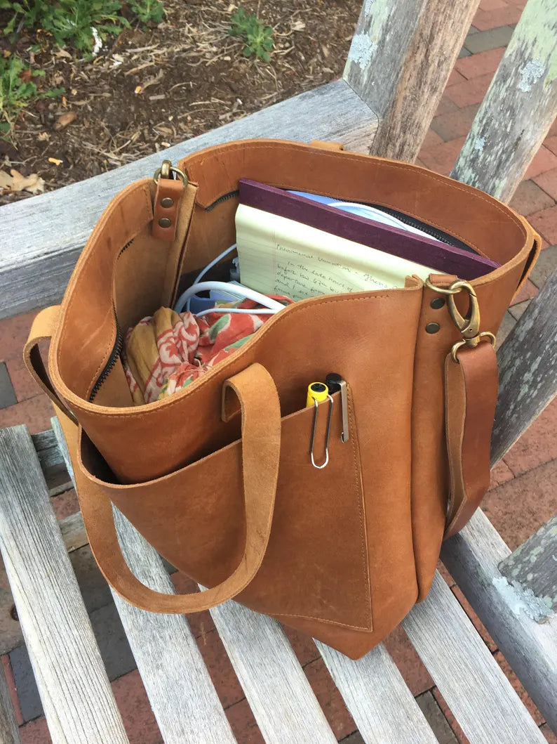Vintage Brown Full Grain Leather Expandable Tote Bag