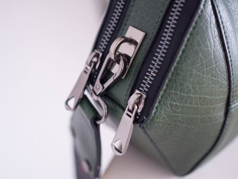 Dark Green Textured Leather Geometric Hexagon Crossbody Bag