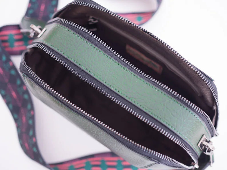 Dark Green Textured Leather Geometric Hexagon Crossbody Bag