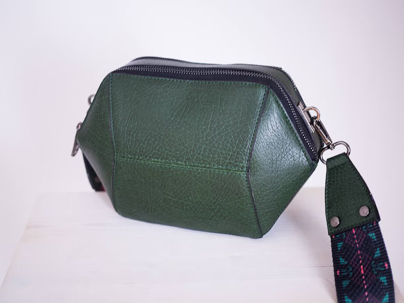 Dark Green Textured Leather Geometric Hexagon Crossbody Bag
