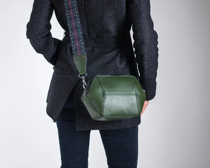 Dark Green Textured Leather Geometric Hexagon Crossbody Bag