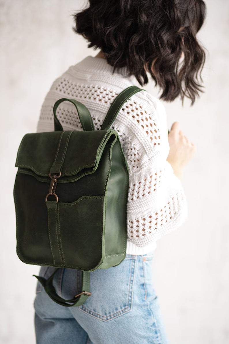 Dark Green Full Grain Leather Mini Flap Backpack