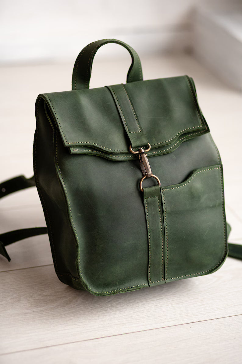 Dark Green Full Grain Leather Mini Flap Backpack