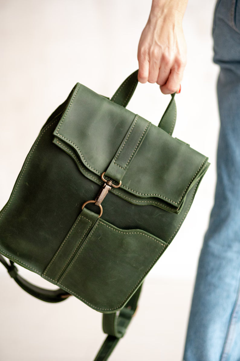 Dark Green Full Grain Leather Mini Flap Backpack