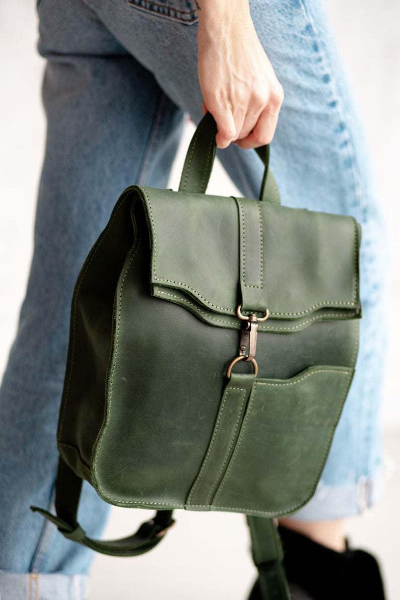 Dark Green Full Grain Leather Mini Flap Backpack