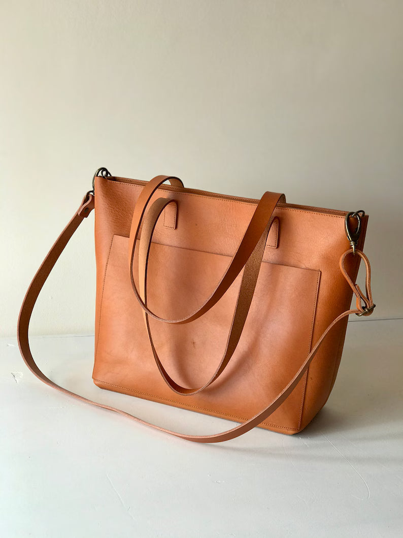 Vintage Brown Full Grain Leather Expandable Tote Bag