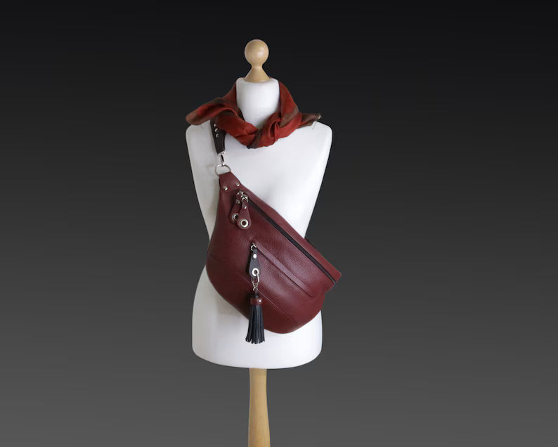 Burgundy Genuine Leather Large Sling Fanny Crossbody Pack