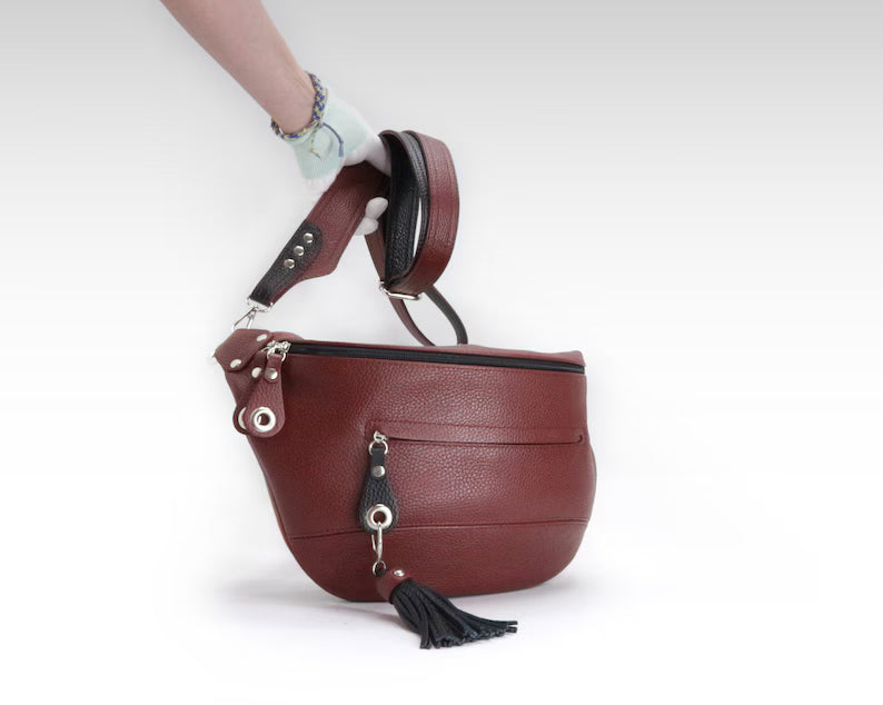 Burgundy Genuine Leather Large Sling Fanny Crossbody Pack