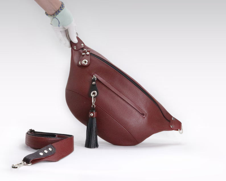 Burgundy Genuine Leather Large Sling Fanny Crossbody Pack