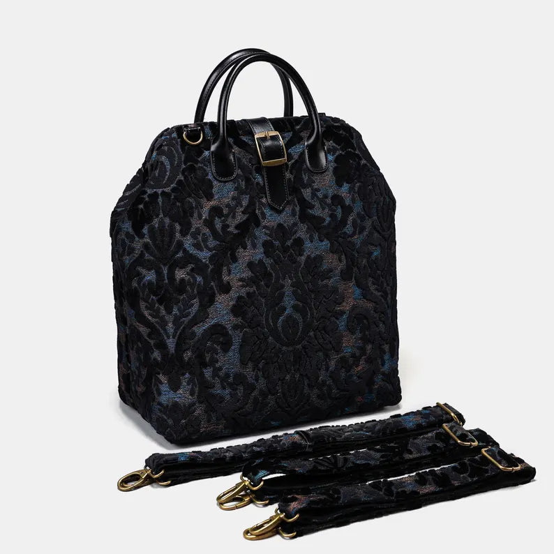 Vintage Damask Jacquard Fabric Convertible Travel Backpack Handbag