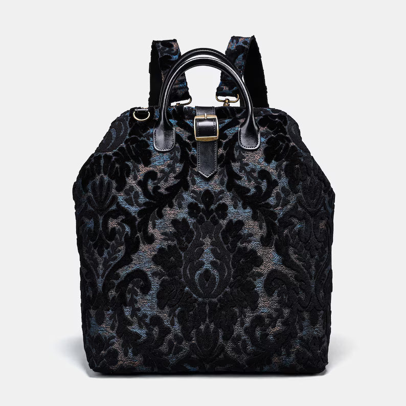 Vintage Damask Jacquard Fabric Convertible Travel Backpack Handbag