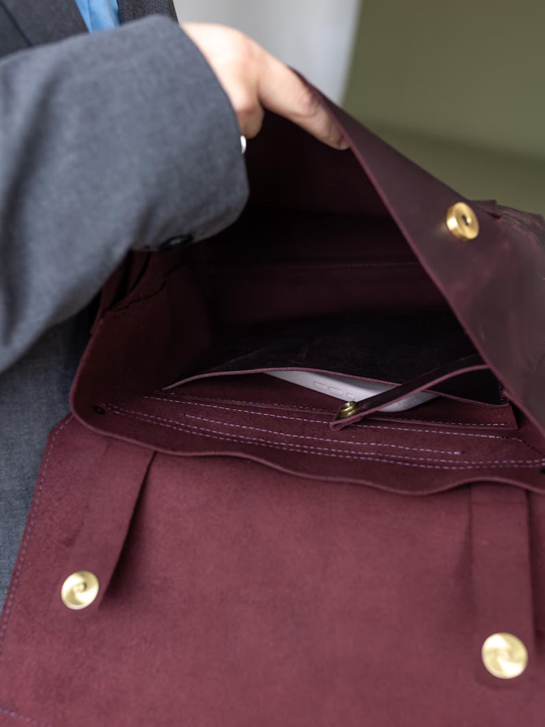 Burgundy Full Grain Leather Modern Flap Office Backpack