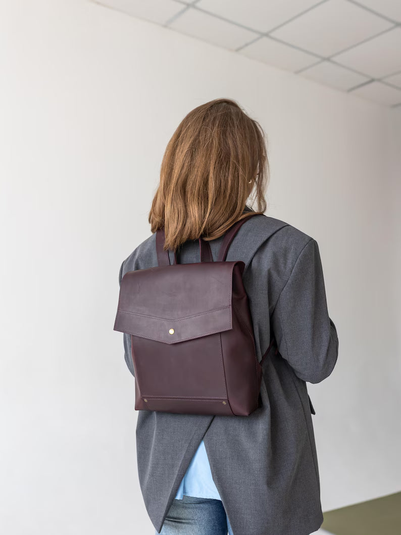 Burgundy Full Grain Leather Modern Flap Office Backpack