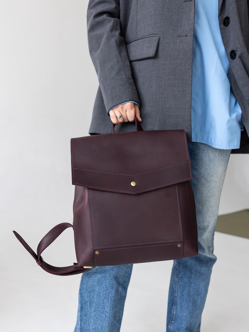 Burgundy Full Grain Leather Modern Flap Office Backpack