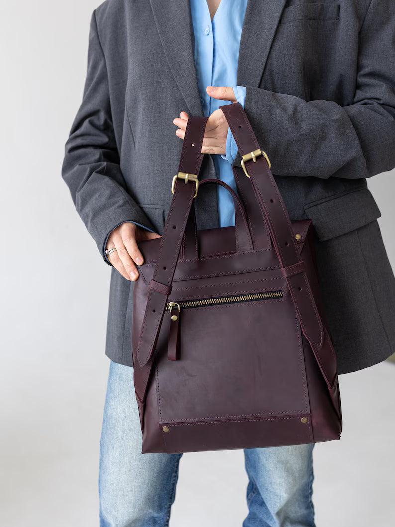 Burgundy Full Grain Leather Modern Flap Office Backpack