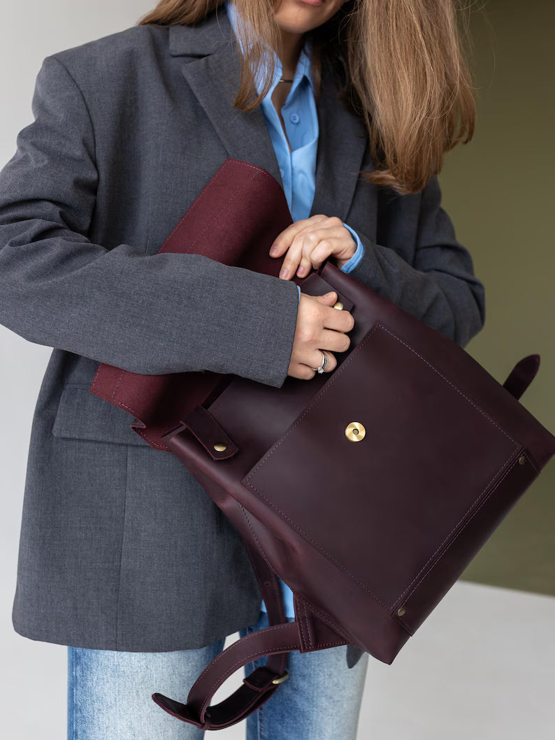 Burgundy Full Grain Leather Modern Flap Office Backpack