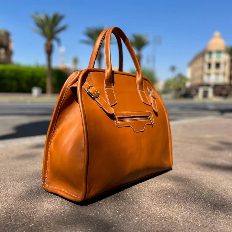 Large Tan Full Grain Leather Handheld Travel Duffle Bag