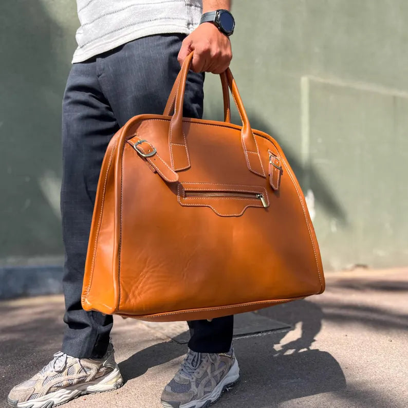 Large Tan Full Grain Leather Handheld Travel Duffle Bag