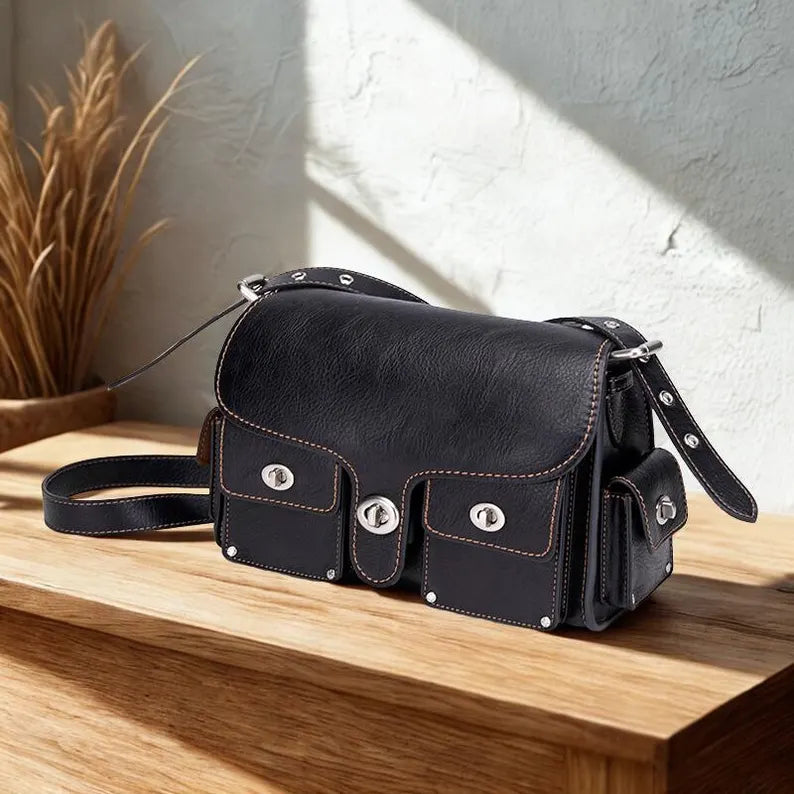 Black PU Leather Multi-Pocket Turn Lock Messenger Shoulder Crossbody Bag