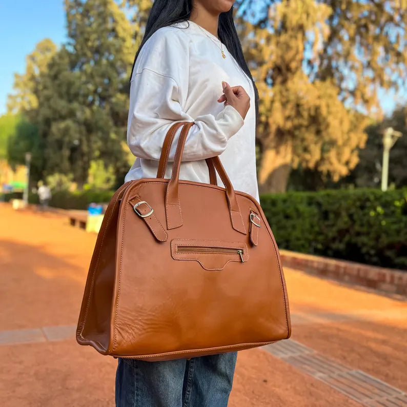 Large Tan Full Grain Leather Handheld Travel Duffle Bag
