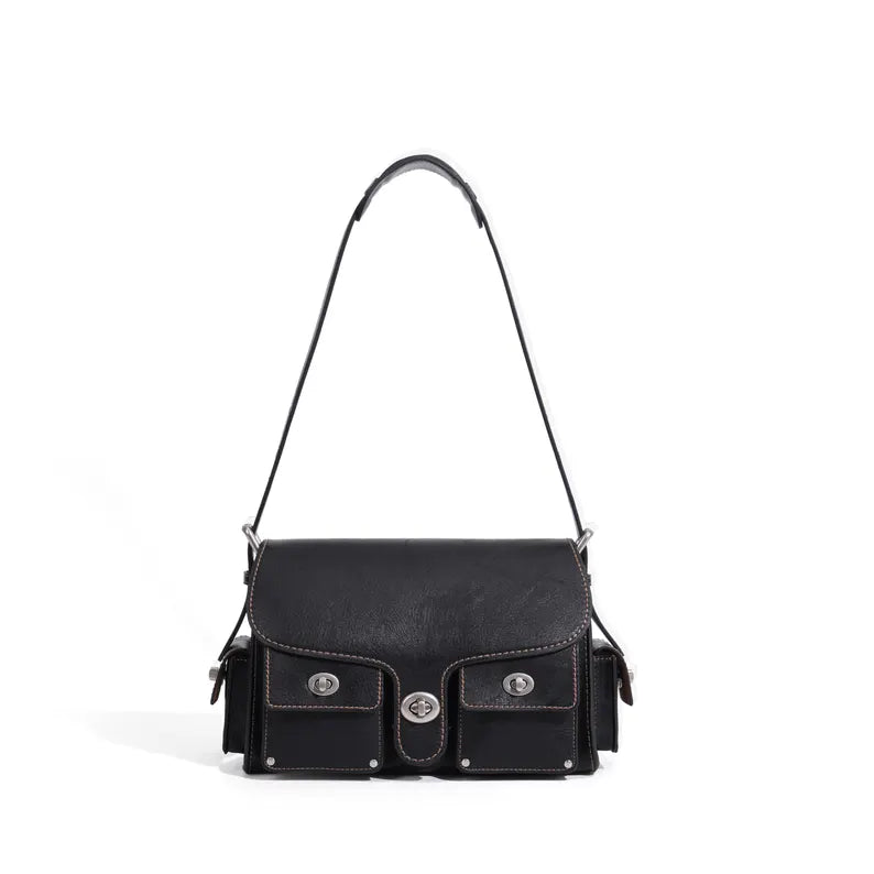 Black PU Leather Multi-Pocket Turn Lock Messenger Shoulder Crossbody Bag