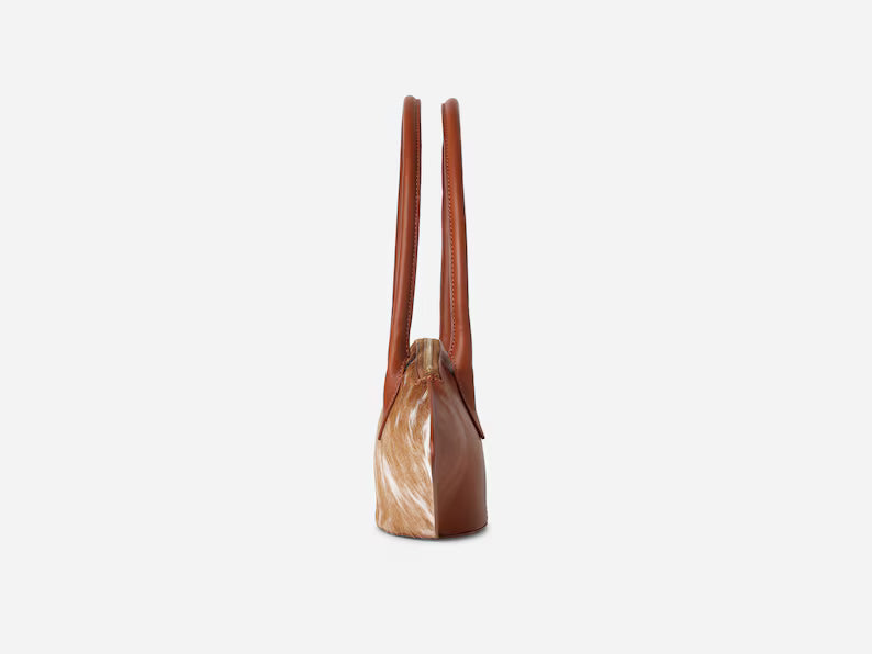 Brown White Cow Print Hair-On Leather Curved Shoulder Handbag