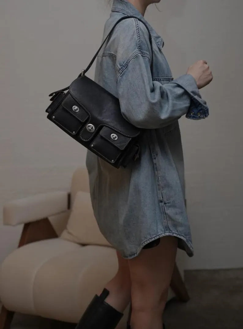 Black PU Leather Multi-Pocket Turn Lock Messenger Shoulder Crossbody Bag