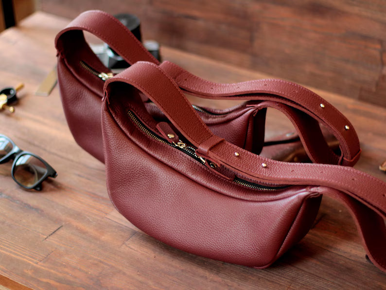 Burgundy Pebbled Leather Adjustable Crescent Underarm Crossbody Bag