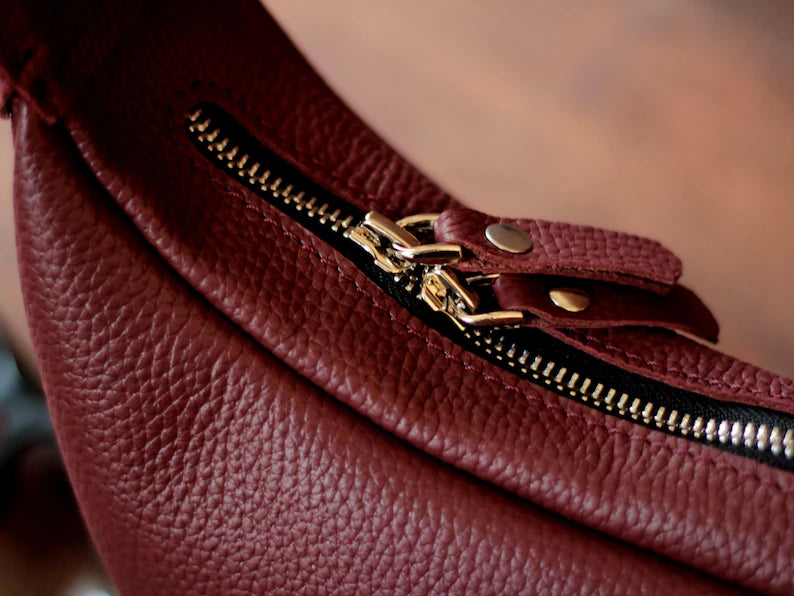 Burgundy Pebbled Leather Adjustable Crescent Underarm Crossbody Bag