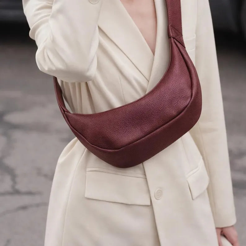 Burgundy Pebbled Leather Adjustable Crescent Underarm Crossbody Bag