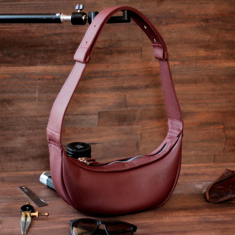 Burgundy Pebbled Leather Adjustable Crescent Underarm Crossbody Bag