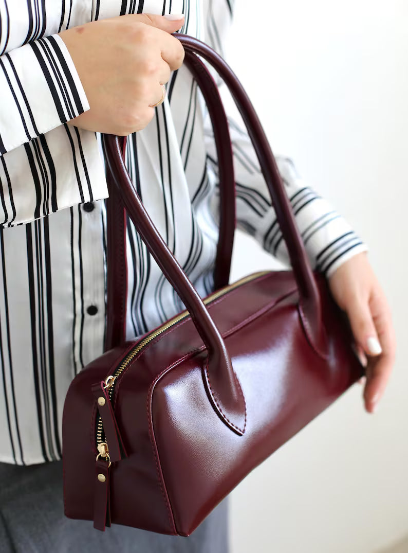 Glossy Burgundy Leather Elongated Boston Shoulder Handbag