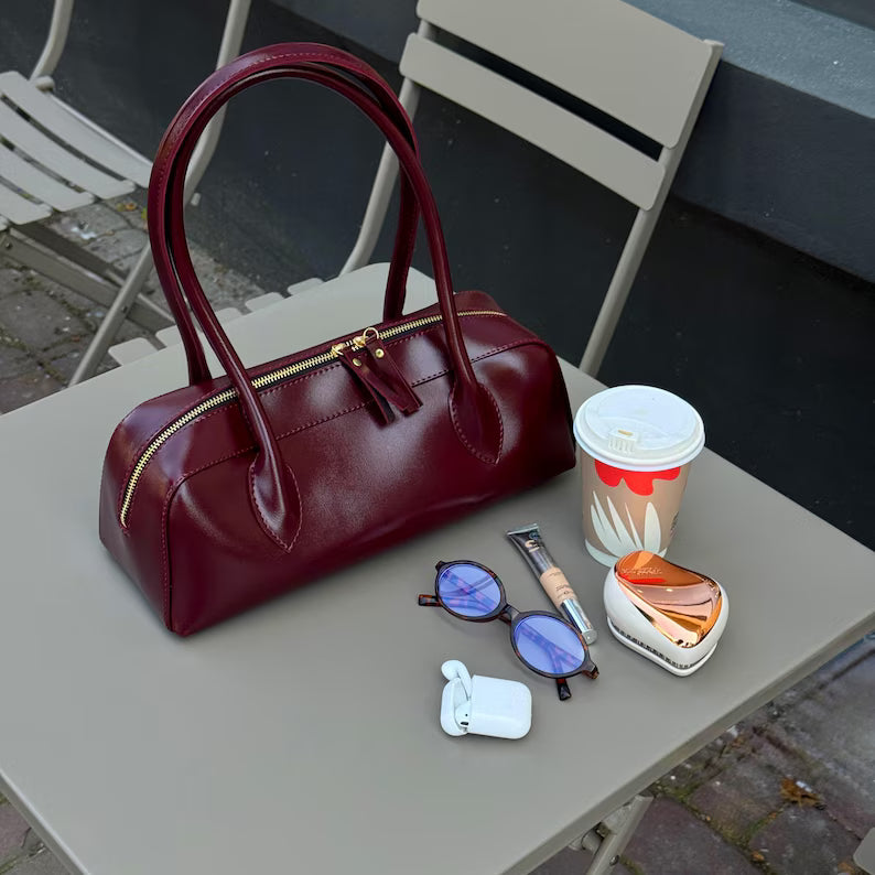 Glossy Burgundy Leather Elongated Boston Shoulder Handbag
