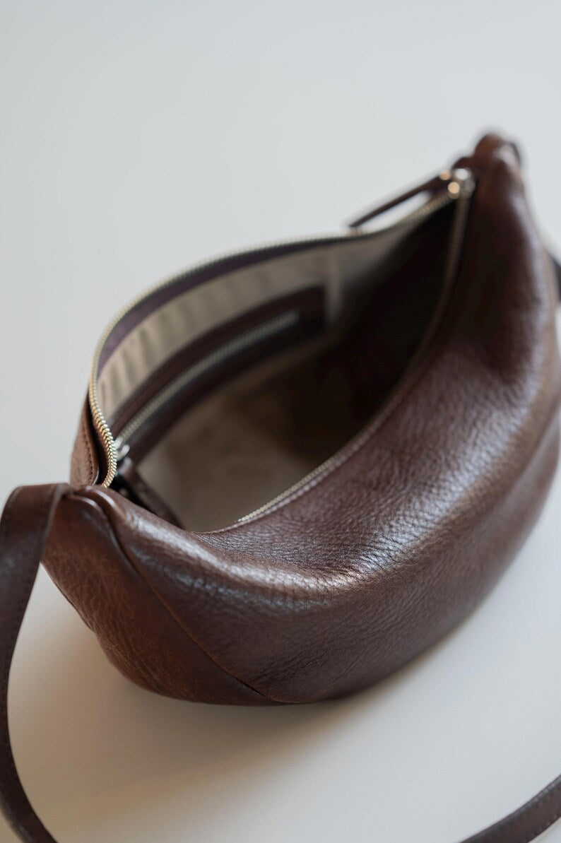 Dark Brown Pebbled Leather Crescent Crossbody Sling Bag