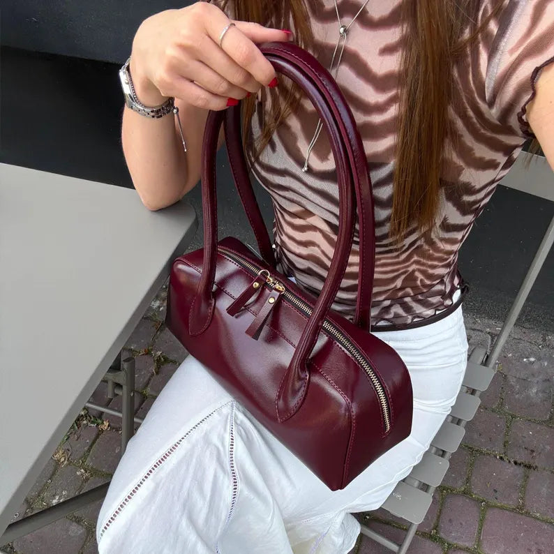 Glossy Burgundy Leather Elongated Boston Shoulder Handbag